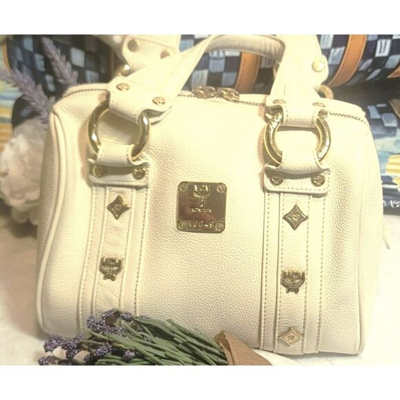 MCM - Creamy White Pebbled Leather Mini Boston w/ Gold Hardware - Picture 1 of 12